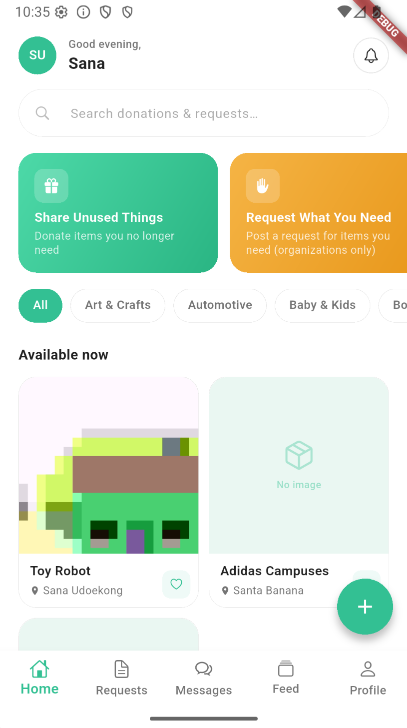 Suslify home feed showing donation listings