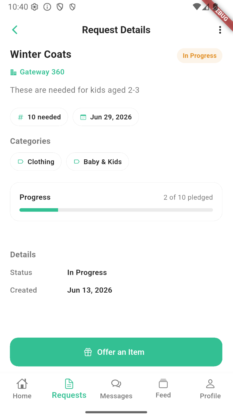 Request details screen with Offer an Item button
